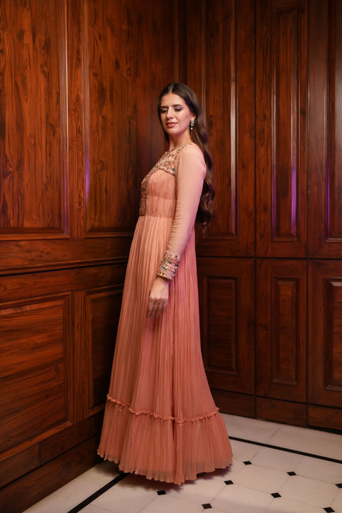 Peach gathered full sleeves gown