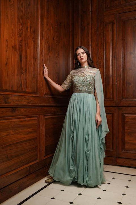 Dusty mint high neck embroidered cowl draped gown