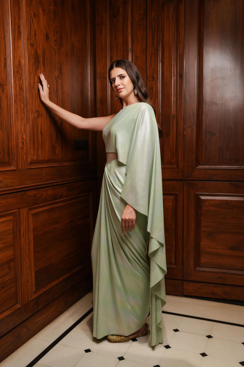 Aqua saree style draped gown