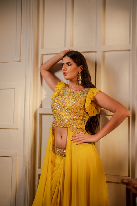 Yellow and pink cropped blouse with flare and shaded skirt set