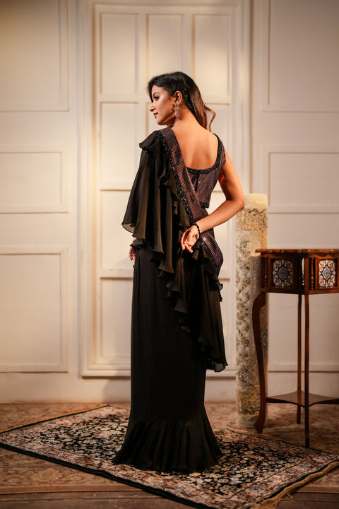Black draped skirt with crop top and circular drape set