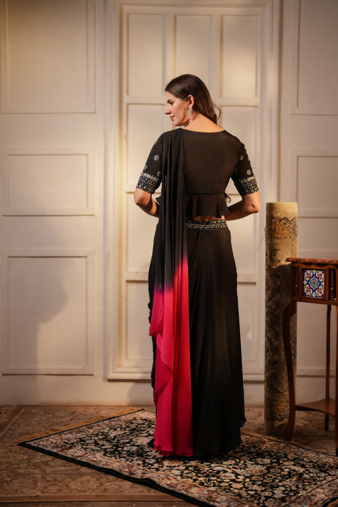 Black crepe ruffled blouse with draped skirt set