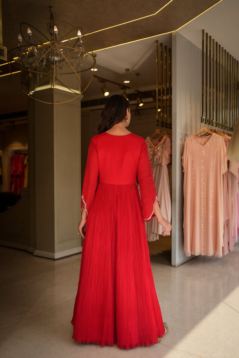 Red attached shrug style gathered gown