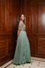 Dusty mint high neck embroidered cowl draped gown