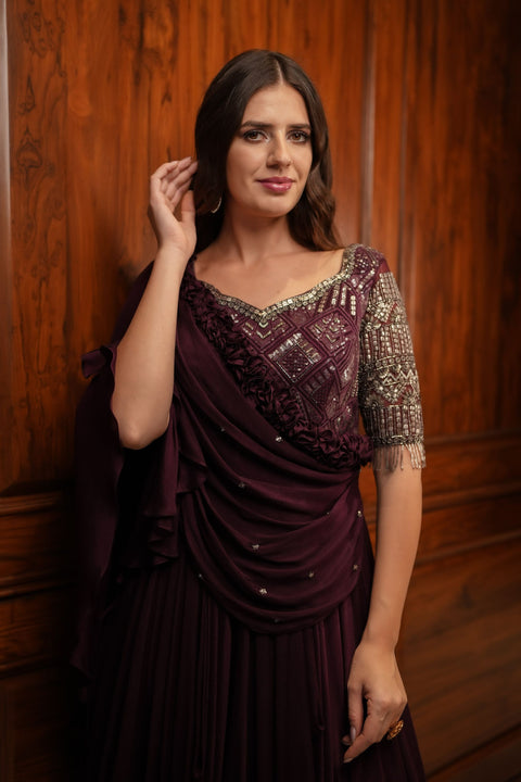 Plum cowl draped gown