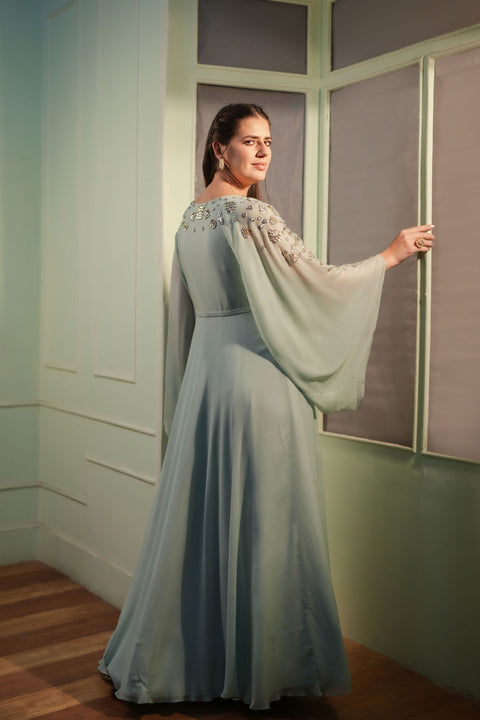 Dust Aqua floor length gown