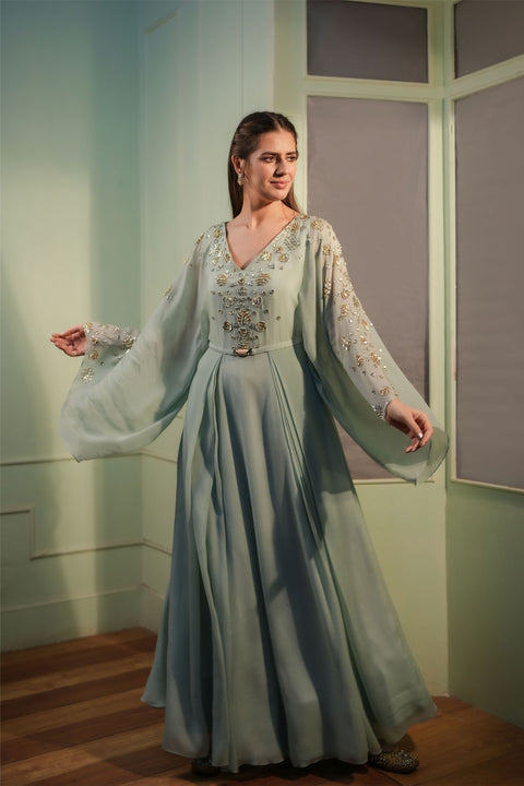 Dust Aqua floor length gown