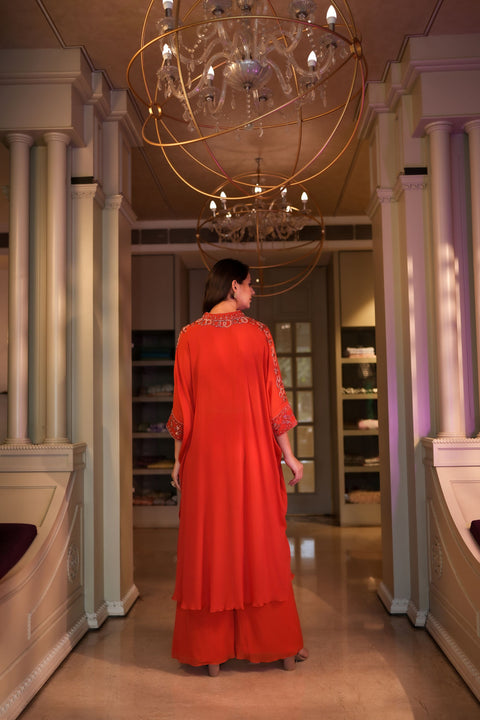 Orange flared tunic with palazzo in crepe fabric