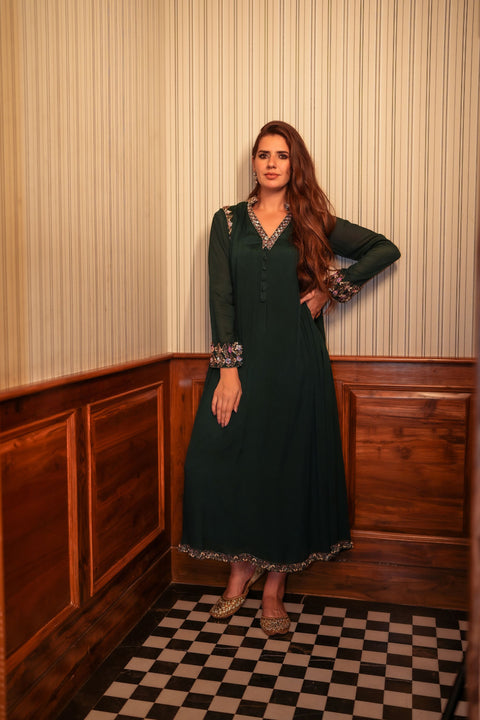 Emerald flared gathered tunic with dhoti in crepe fabric