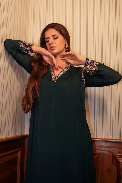 Emerald flared gathered tunic with dhoti in crepe fabric