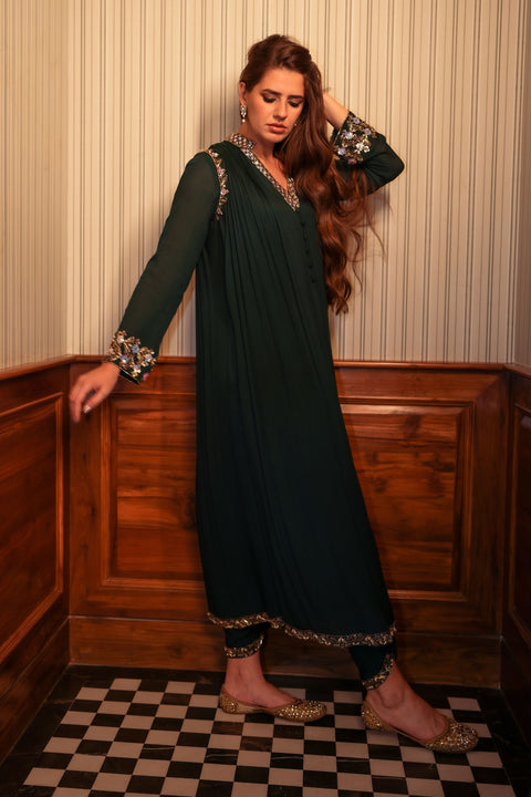 Emerald flared gathered tunic with dhoti in crepe fabric