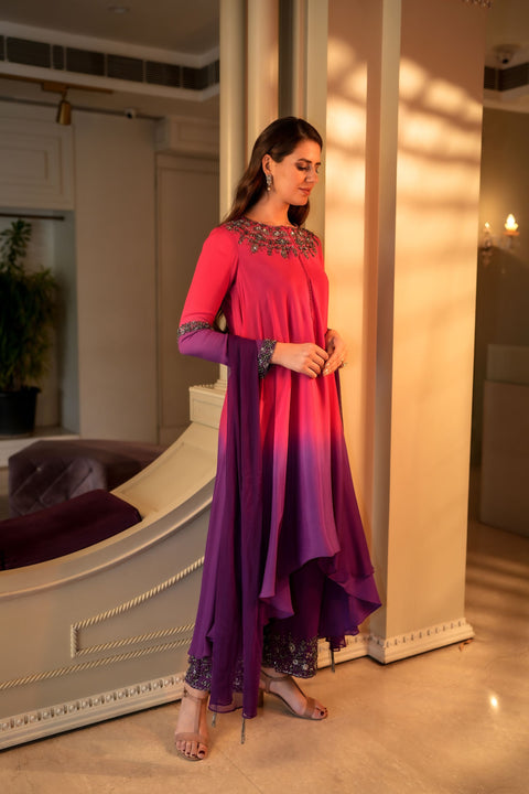 Fuchsia pink and purple shaded tunic set