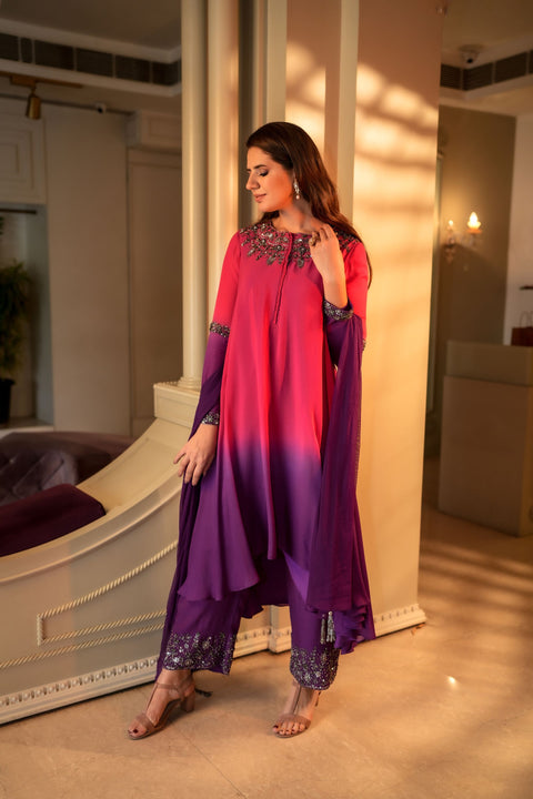 Fuchsia pink and purple shaded tunic set