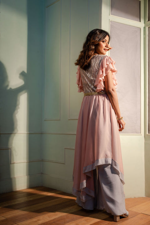 Peach crepe and textured fabric jacket with crop top and pallazo.