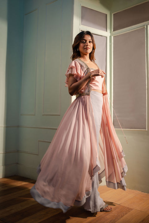 Peach crepe and textured fabric jacket with crop top and pallazo.