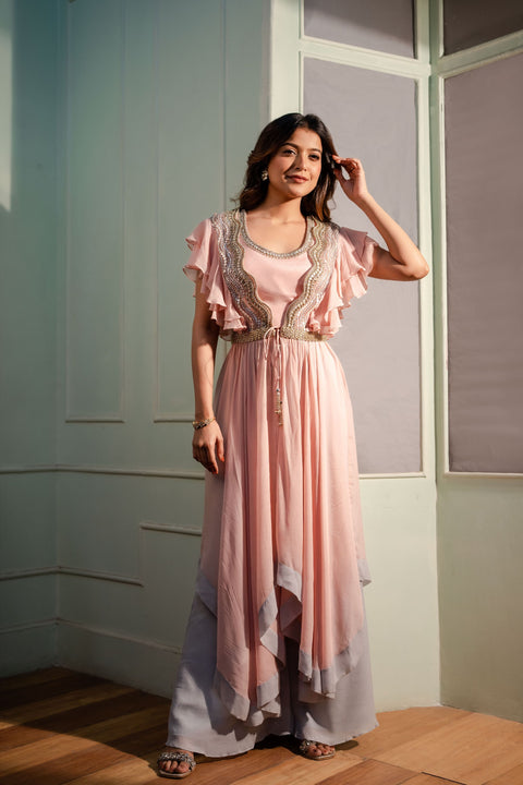 Peach crepe and textured fabric jacket with crop top and pallazo.