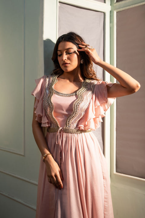 Peach crepe and textured fabric jacket with crop top and pallazo.