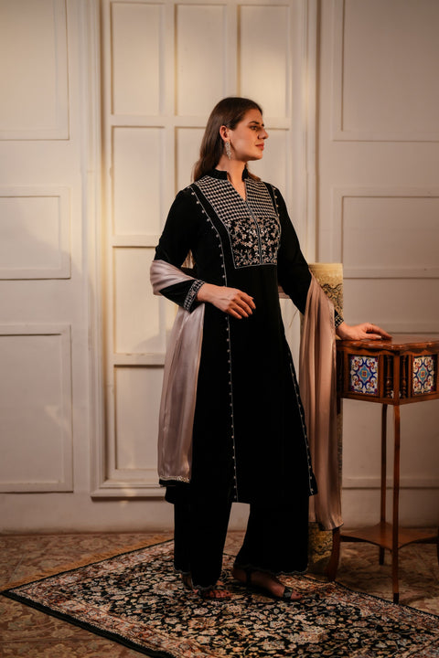 Black velvet tunic with palazzo and dupatta set