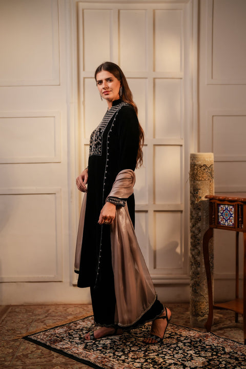 Black velvet tunic with palazzo and dupatta set