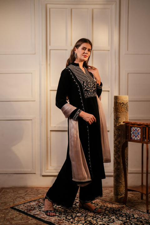 Black velvet tunic with palazzo and dupatta set