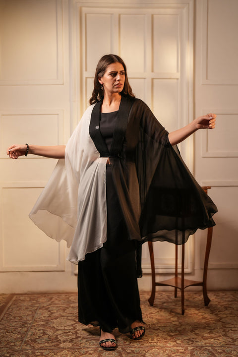 Black crop top with flared palazzo and asymmetric hem poncho style tunic