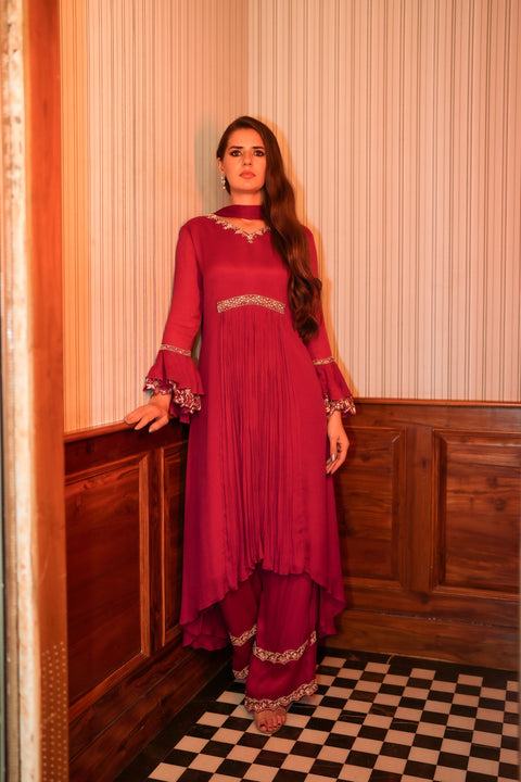 Cherry red fit and flared tunic with palazzo and dupatta set