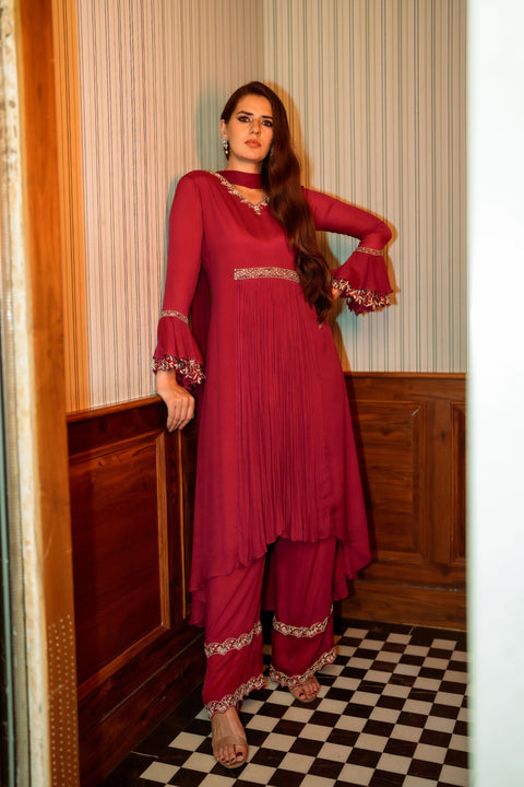 Cherry red fit and flared tunic with palazzo and dupatta set