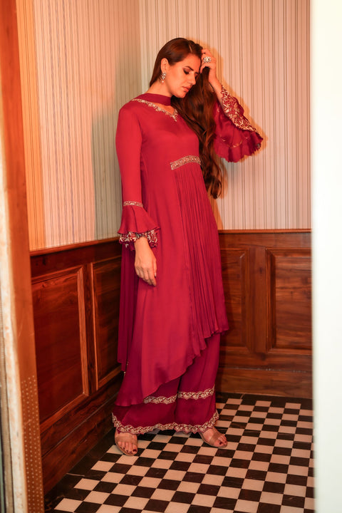 Cherry red fit and flared tunic with palazzo and dupatta set