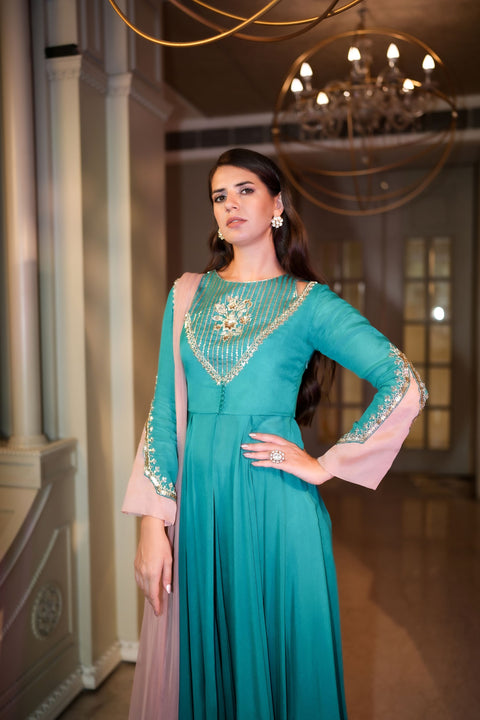 Teal green fit and flared tunic with palazzo and dupatta set