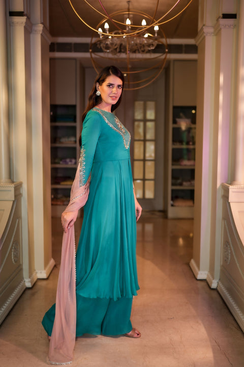 Teal green fit and flared tunic with palazzo and dupatta set