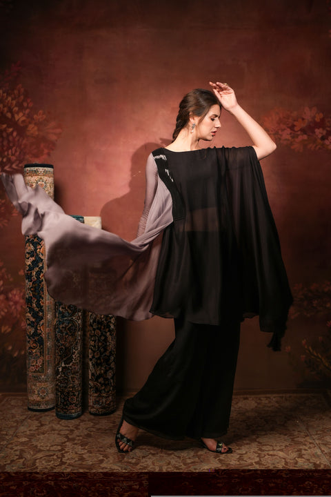 Flared black crepe tunic with flared palazzo set