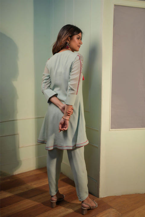 Dusty Aqua flared  line tunic with matching wrap up dhoti pants