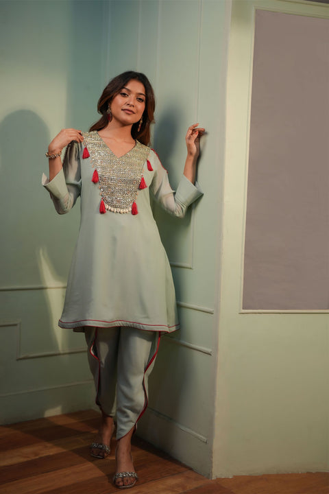 Dusty Aqua flared  line tunic with matching wrap up dhoti pants