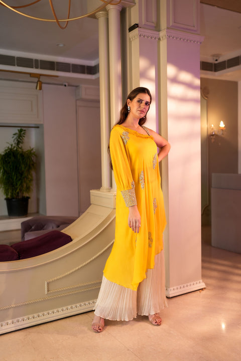 Mustard one shoulder flared tunic with gharara set