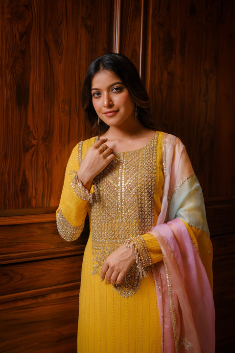 Mustard straight tunic with embroidery with gharara and dupatta