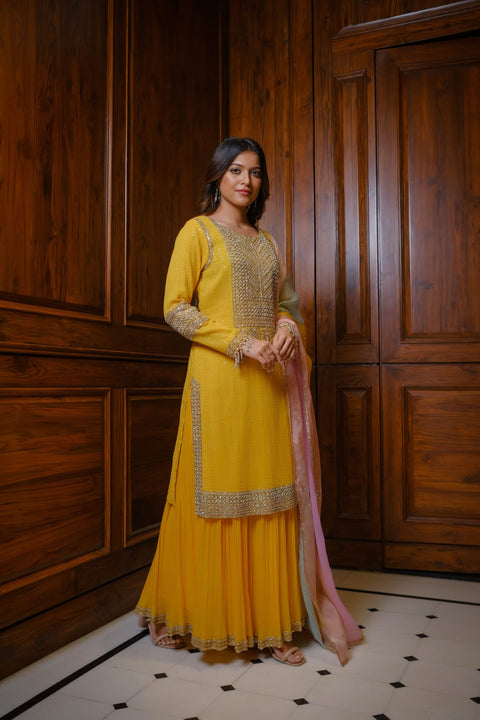 Mustard straight tunic with embroidery with gharara and dupatta
