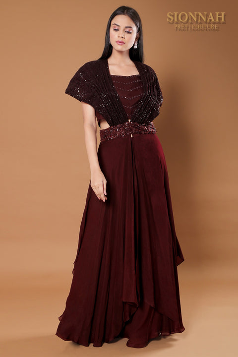 Wine textured jacket with crop top and pallazo.