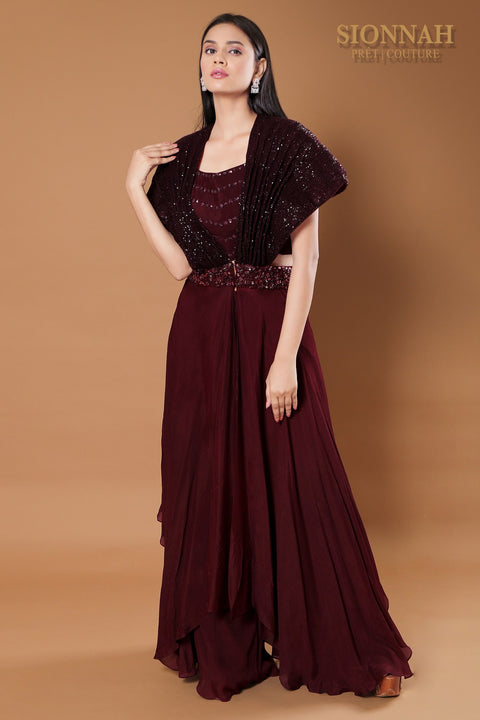 Wine textured jacket with crop top and pallazo.