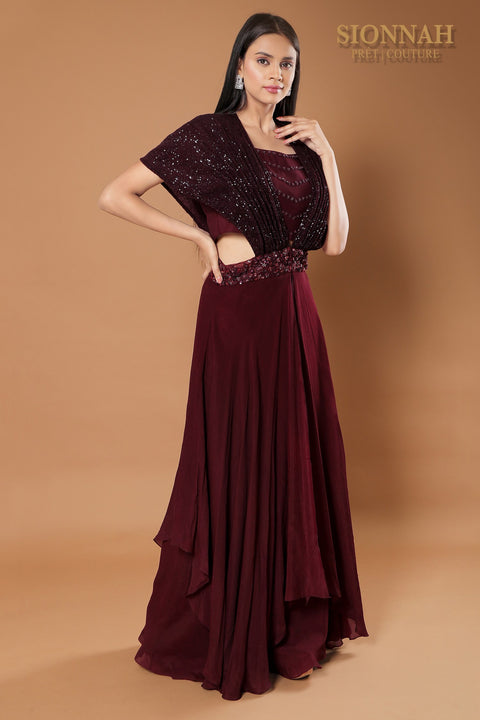 Wine textured jacket with crop top and pallazo.