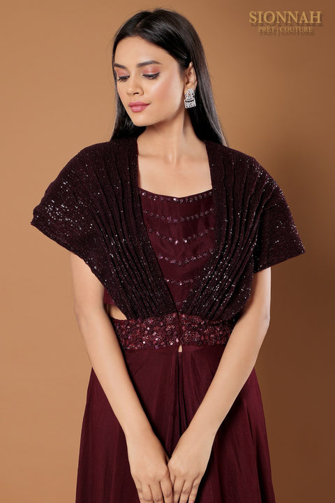 Wine textured jacket with crop top and pallazo.