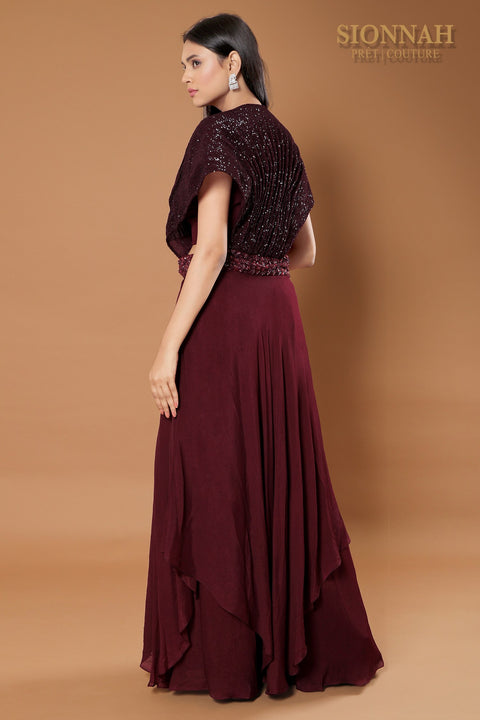 Wine textured jacket with crop top and pallazo.