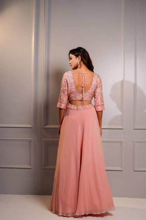 Rose pink Double layered skirt with crop top and Dupatta.