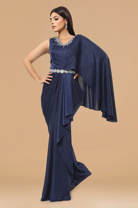 Navy blue textured fabric gown.