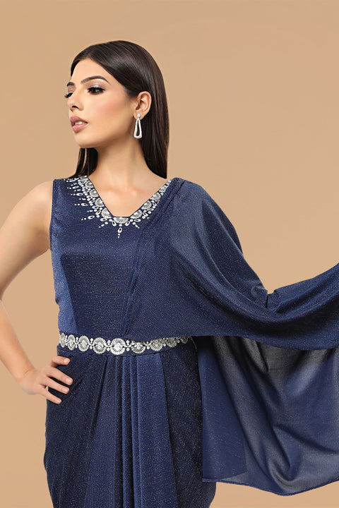 Navy blue textured fabric gown.