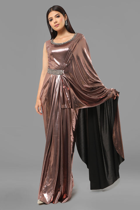 Metallic draped gown.