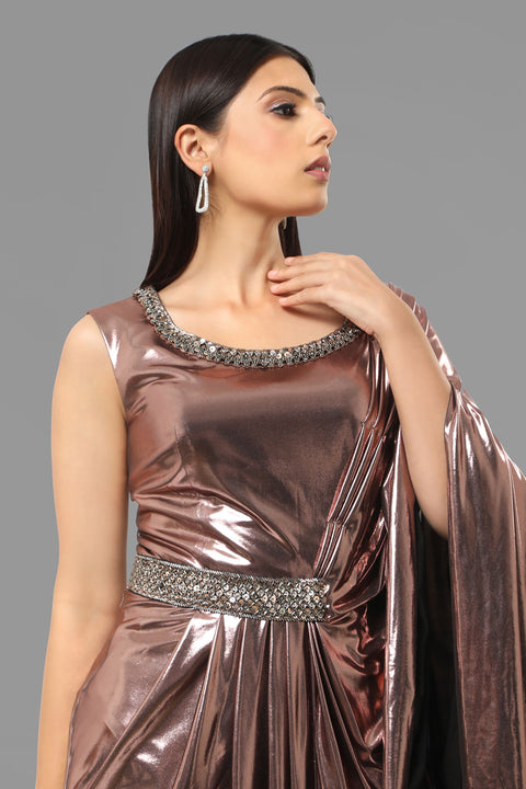 Metallic draped gown.
