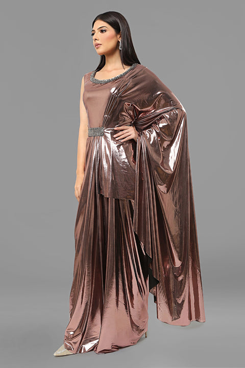 Metallic draped gown.