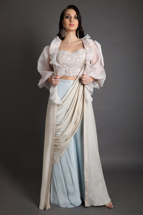 Grey with powder blue organza jacket with crop top and pallazo.