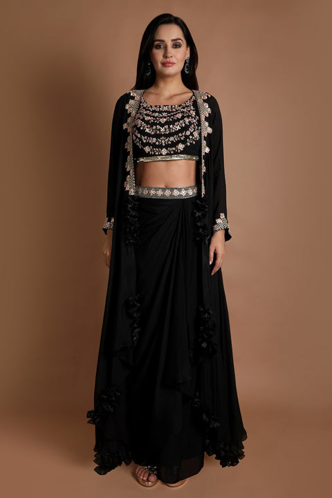 Black embroidered crop top with jacket set