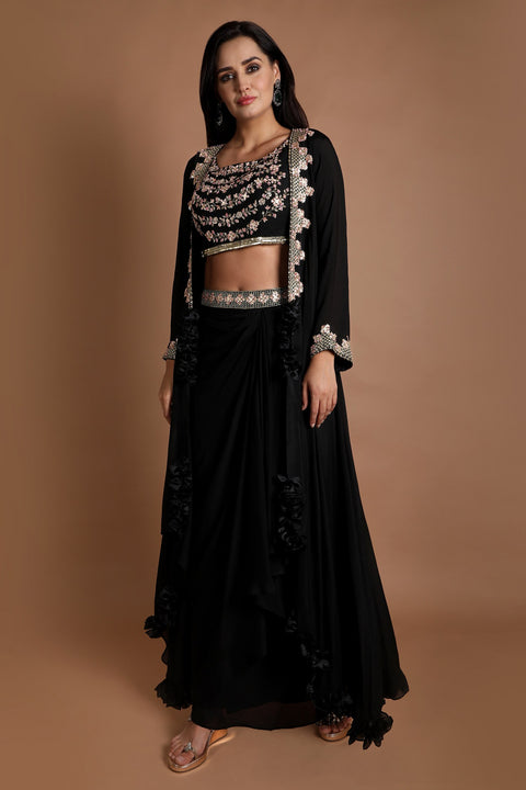 Black embroidered crop top with jacket set